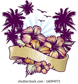 hibiscus whit ribbon emblem