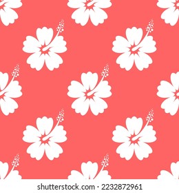 Hibiscus white flowers on red background. Floral seamless pattern. Best for textile, wallpapers, wrapping paper, package and home decoration.