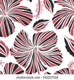 Hibiscus in white and gray colors on a white background. Aloha hawaiian shirt vector seamless pattern.