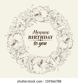 Hibiscus wreath isolated on sepia background. Vector illustration.