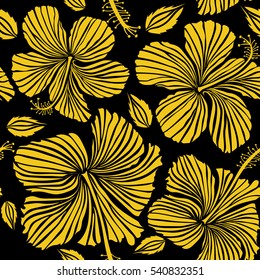 Hibiscus in yellow colors on a black background. Aloha hawaiian shirt vector seamless pattern.