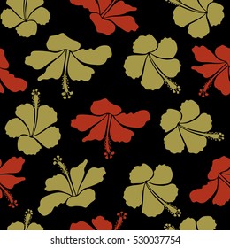 Hibiscus in yellow and orange colors on a black background. Aloha hawaiian shirt vector seamless pattern.