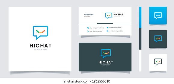 hichat chatting logo design templete with smile bubble line art and business card design
