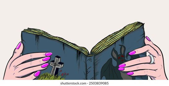 hidden ancient book in witch hands in cartoon style in vector. template for website design background banner