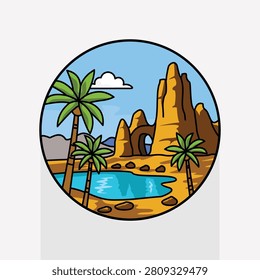 Hidden Beach Landscape in Mexico Circular Travel Destination Illustration Featuring Tropical Lagoon Palm Trees and Famous Tourism Landmark Badge Icon Design