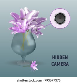 Hidden camera in an bouquet. Inconspicuous lens. To observe people in the room. Micro spy vector illustration. Lily flowers.