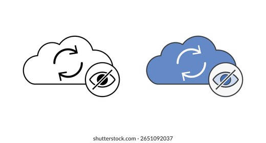 Hidden cloud sync icon with cloud, sync arrows, and small hidden eye symbol, ideal for private cloud syncing, secure backups, and digital privacy illustrations.
