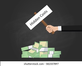 hidden costs text illustration on a sign board on top of money heap with black background