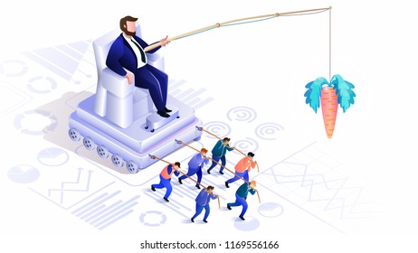 Hidden Crowd Management. Globalization, Leader Controls Puppets. Man on Throne Crowd Control. Business Management Concept. Manipulation and Management. Vector Isometric Illustration.