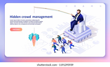 Hidden Crowd Management. Globalization, Leader Controls Puppets. Man on Throne Crowd Control. Business Concept. Manipulation and Management. Landing Page Banner. Vector Isometric Illustration.