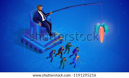 Hidden Crowd Management. Globalization, Leader Controls Puppets. Man on Throne Crowd Control. Business Management Concept. Manipulation and Management. Vector Isometric Illustration.