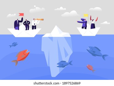 Hidden Danger Concept. Business Characters on Paper Boat Trying to Escape Attack of Huge Fish and Iceberg in Sea. Business People Avoid Crisis, Bankruptcy. Dangerous Risk. Cartoon Vector Illustration