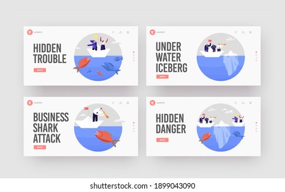 Hidden Danger Landing Page Template Set. Business Characters on Paper Boat Escape Attack of Huge Fish and Iceberg. Business People Avoid Crisis, Bankruptcy. Dangerous Risk. Cartoon Vector Illustration