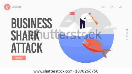 Hidden Danger Landing Page Template. Business Character Look through Spyglass in Ocean Water with Huge Fish. Business Man on Paper Boat Avoid Crisis, Bankruptcy Situation. Cartoon Vector Illustration