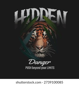 hidden danger slogan with tiger head hidden in the bush vector illustration on black background