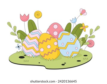 Hidden Easter eggs in grass flowers line cartoon flat illustration. April paschal tradition 2D lineart objects isolated on white background. Eastertide custom. Easter-egg hunt scene vector color image