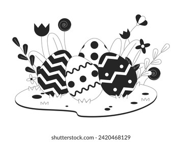 Hidden Easter eggs in grass flowers black and white cartoon flat illustration. April paschal 2D lineart objects isolated. Eastertide custom. Easter-egg hunt monochrome scene vector outline image