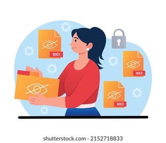 Hidden file concept. Young girl holds photos and pdf in her hands. Modern technologies and cloud services. Protection of personal data, information on computer. Cartoon flat vector illustration