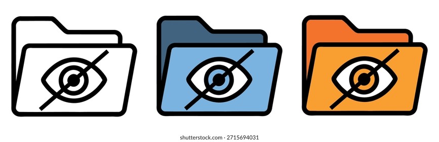 Hidden folder icon set depicting privacy and confidential data in outline and colored styles