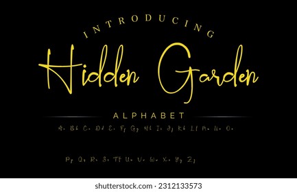 Hidden Garden Lettering signature font isolated on grey background. brus style alphabet. Vector logo letters.