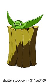 Hidden green goblin hiding in a hollow log. Colored cartoon vector illustration of character.