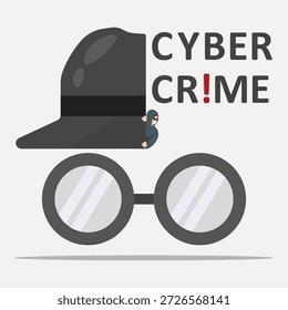 Versteckter Hacker, der vor einem riesigen Detektivhut schaut, mit Text-Cyber-Kriminalität. Symbolisierung des Diebstahls digitaler Bedrohungen und krimineller Online-Aktivitäten.