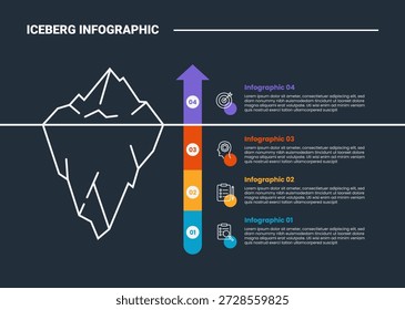 Diagrama de proceso de infografía de iceberg oculto con información de lista apilada de Vertical con dirección superior de flecha e insignia circular con fondo oscuro estilo de contorno brillante Vector de 4 puntos