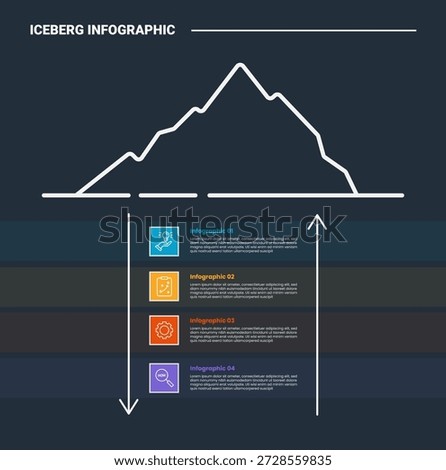 Hidden iceberg infographic process diagram with transparent row rectangle box table on bottom with arrow up and down with dark background bright outline style 4 points vector