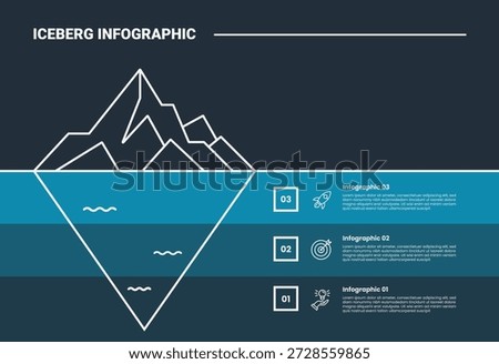 Hidden iceberg infographic process diagram with blue shading color with full rectangle box stacked list with dark background bright outline style 3 points vector