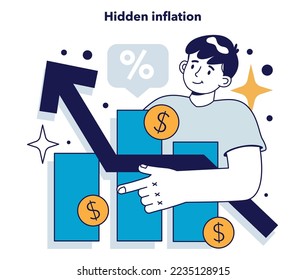 Hidden inflation. Price increases and the value of money recession. The risk of economic crisis and business devastation. Flat vector illustration.