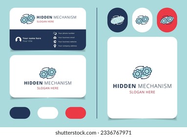 Diseño del logotipo del mecanismo oculto con un lema editable. Libro de promoción de marca y plantilla de tarjeta de visita.