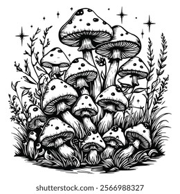 The Hidden Mushroom Kingdom A Monochrome Illustration.