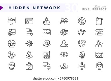 Hidden network line icon pack. Darknet, deep web, black market, dark, side, website, cyber outline vector icons. Editable stroke