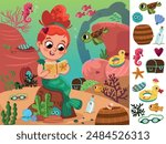 Hidden object finding game under the sea featuring sea life and a little mermaid. Vector illustration for little children.