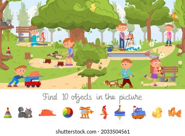 Hidden object game. Puzzle location, find objects picture for kids. Children in park with dogs. Searching visual brain teaser decent vector scene