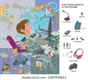 Hidden object puzzle. The child discovers the computer world. Vector illustration. Funny cartoon character.