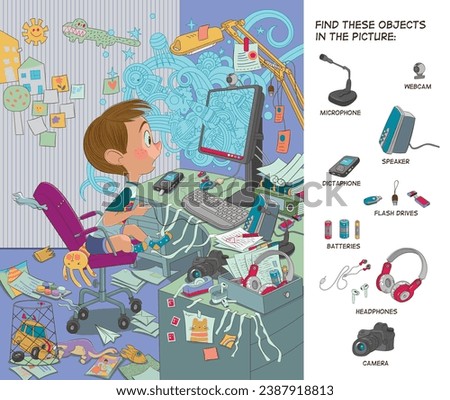 Hidden object puzzle. The child discovers the computer world. Vector illustration. Funny cartoon character.