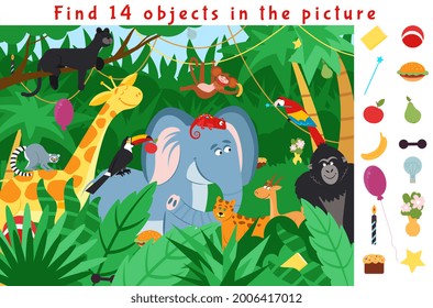 Hidden object puzzle. Kid learning game, find objects in jungle forest. School educational worksheet play, fun activity with animals decent vector scene