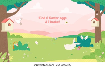 Hidden objects game Easter location. Eggs hunt in garden, find egg and festive basket. Cute cartoon bunny, butterfly and bird. Springtime vector background