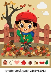 Hidden objects game with a little boy in autumn theme. Vector illustration for little children.