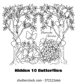 Hidden objects location. Find objects vector illustration. Coloring page and game location. Hand drawn inky Butterfly Garden coloring page. Outline butterfly, tree, flowers. Wall sticker design