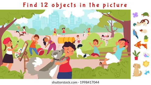 Hidden objects puzzle game. Find object, children lifestyle in park. Fit kids, resting on nature with puppy. Funny brain teaser decent vector picture