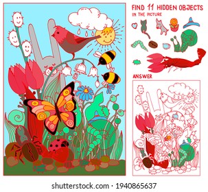 Hidden objects puzzle. Spring. Summer.  Meadow animals and flowers. Find 11 hidden items in the picture. Hand drawn vector illustration.