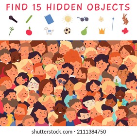 Hidden objects. Search items, find elements on picture. Kids mindful play, logic puzzle. Crowd of people, different multicultural community decent vector background