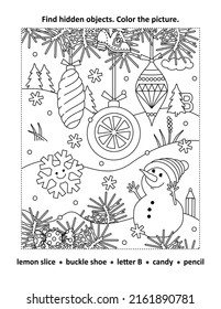 Hidden objects, or seek and find, picture puzzle and coloring page activity sheet with christmas tree ornaments and cute cheerful snowman
