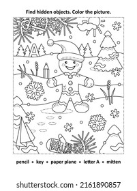 Hidden objects, or seek and find, picture puzzle and coloring page activity sheet with happy cheerful gingerbread man walking outdoor
