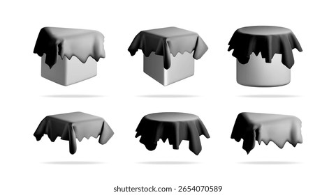 Objetos escondidos debaixo de um pano. Formas de mistério cobertas por tecido. Conceito secreto com espaço de cópia para design. Série isolada de ilustração de vetor 3d.