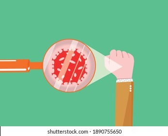 Hidden on the hand, viruses such as Covid-19, corona virus and infectious disease appear with a magnifying glass. Creative holistic design for coronavirus vector background. 
