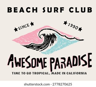 Hidden paradise club vector graphic design for apparel, stickers, posters, background and others. Summer surfing club. Tropical beach vibes design.