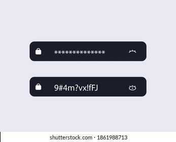 Hidden password and visible. Black frames with closed symbols with asterisks and eye and open with spelled font protecting personal data from hackers and vector strangers.